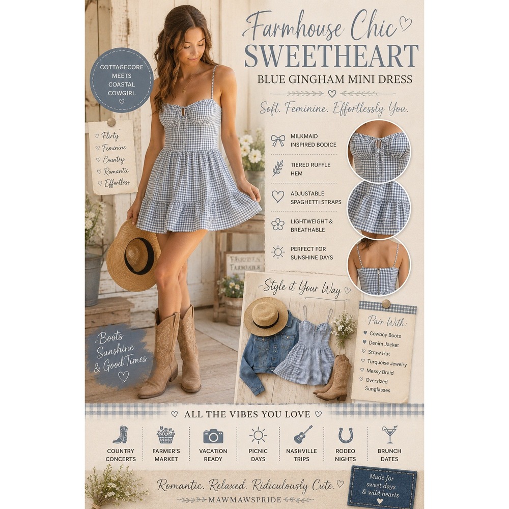 Blue Gingham Prairie Cottagecore Milkmaid Mini Dress Western Boho M